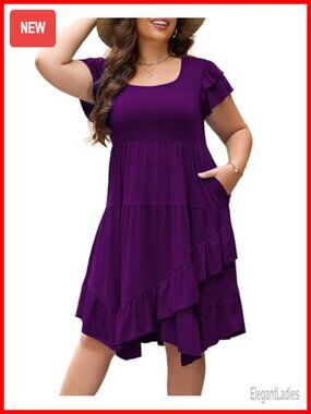 Women's Plus Size Maxi Dress Double Ruffle Short Sleeve Square Neck Flowy